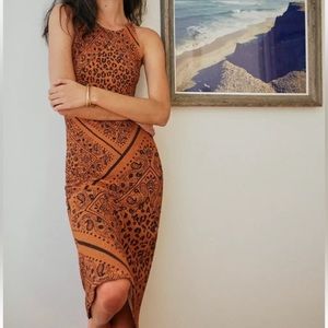 FARM Rio Orange and Black Paisley & Leopard Midi Dress